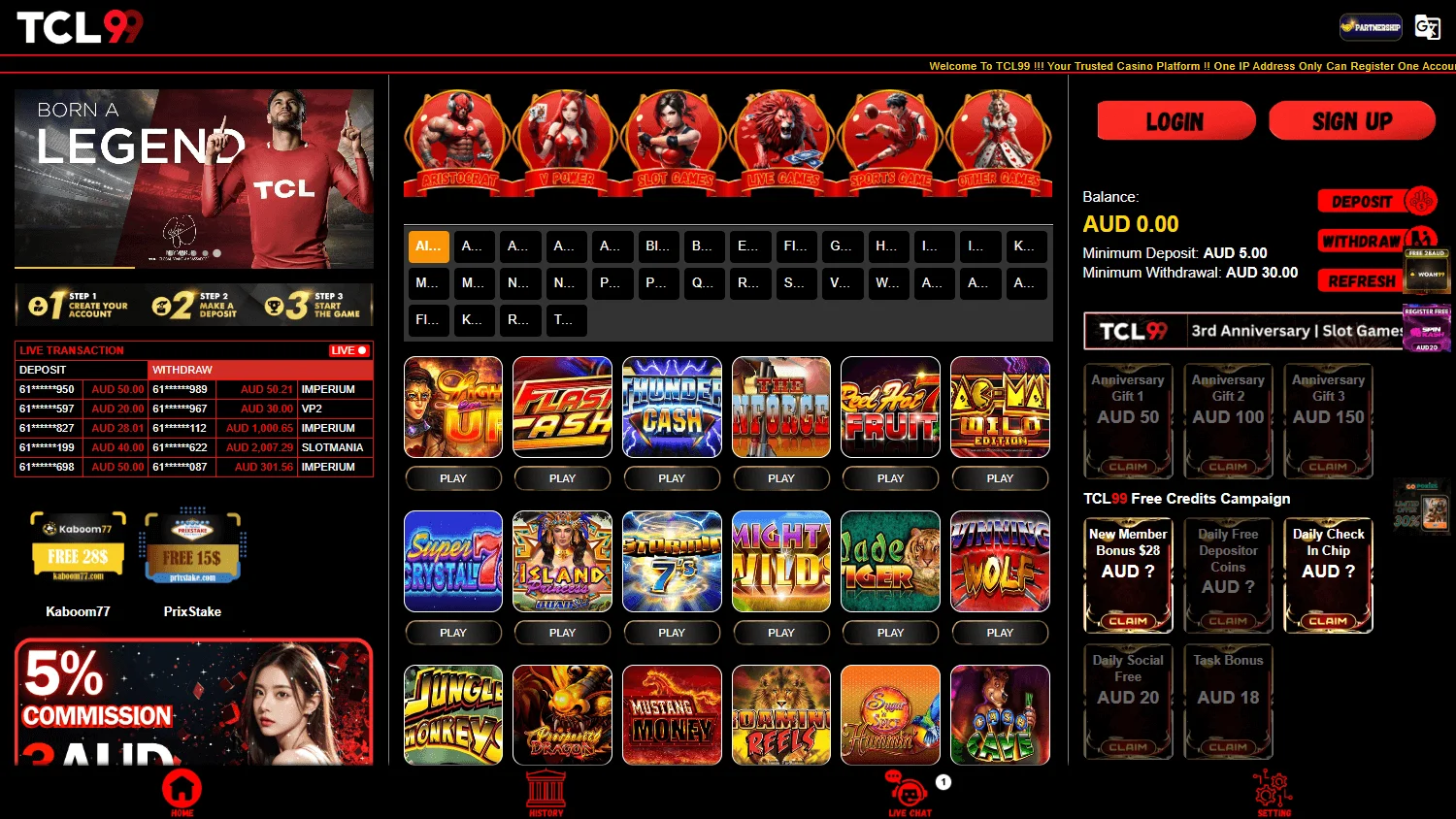 Tcl99 Casino homepage on a desktop screen