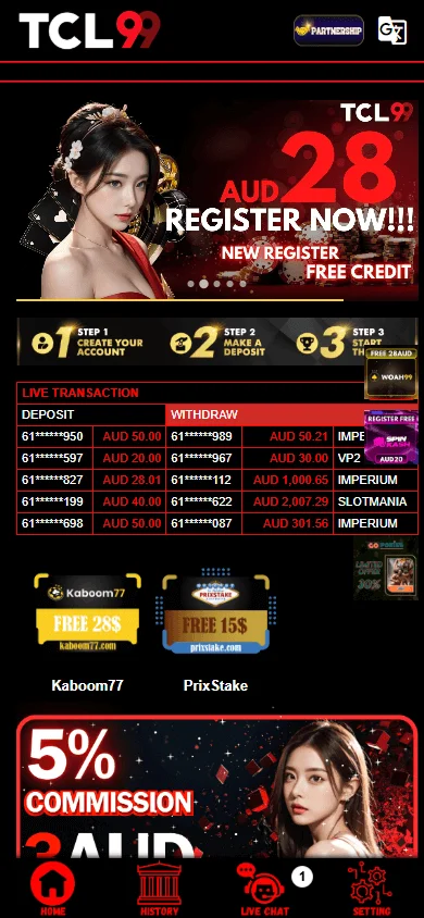Tcl99 Casino homepage open in a smartphone web browser